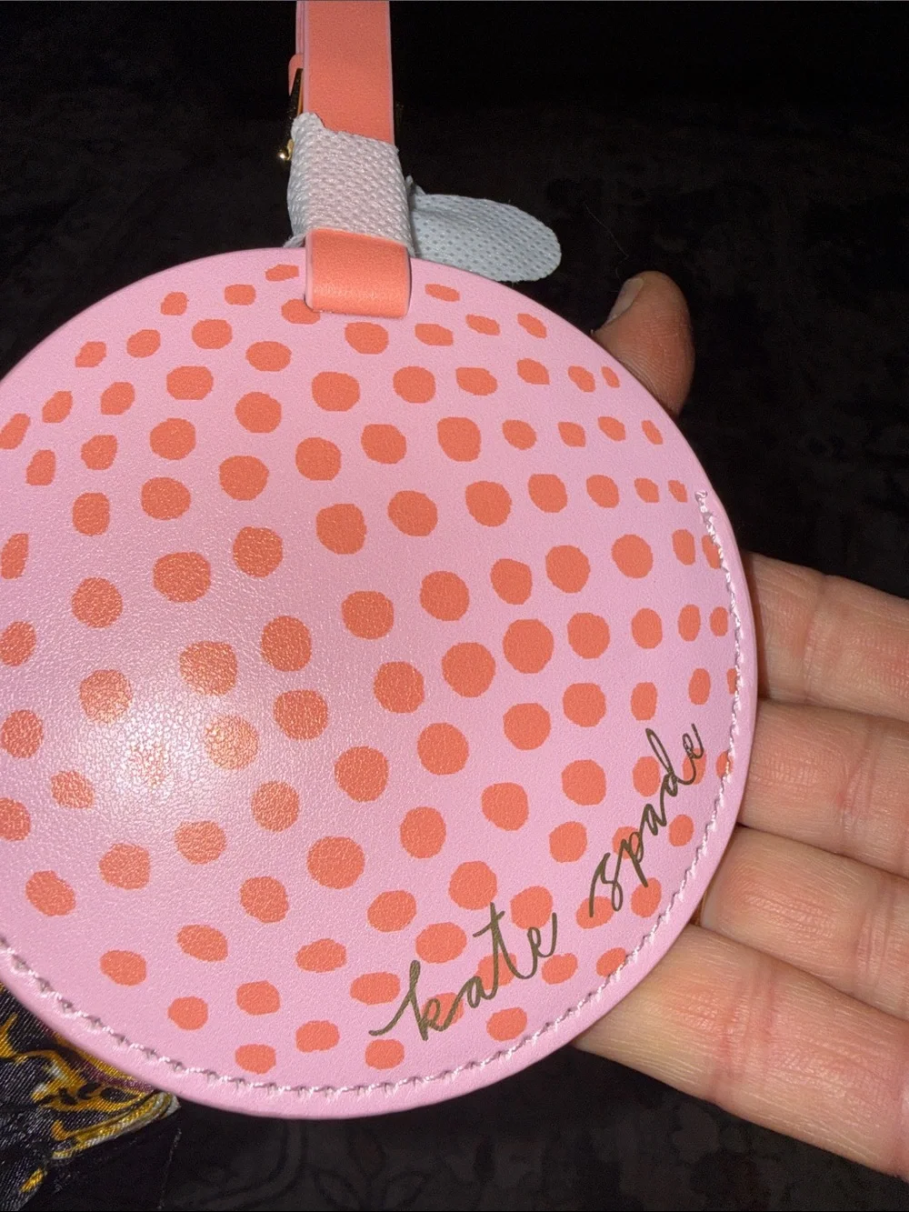 kate spade pink and coral polka dot round luggage tag